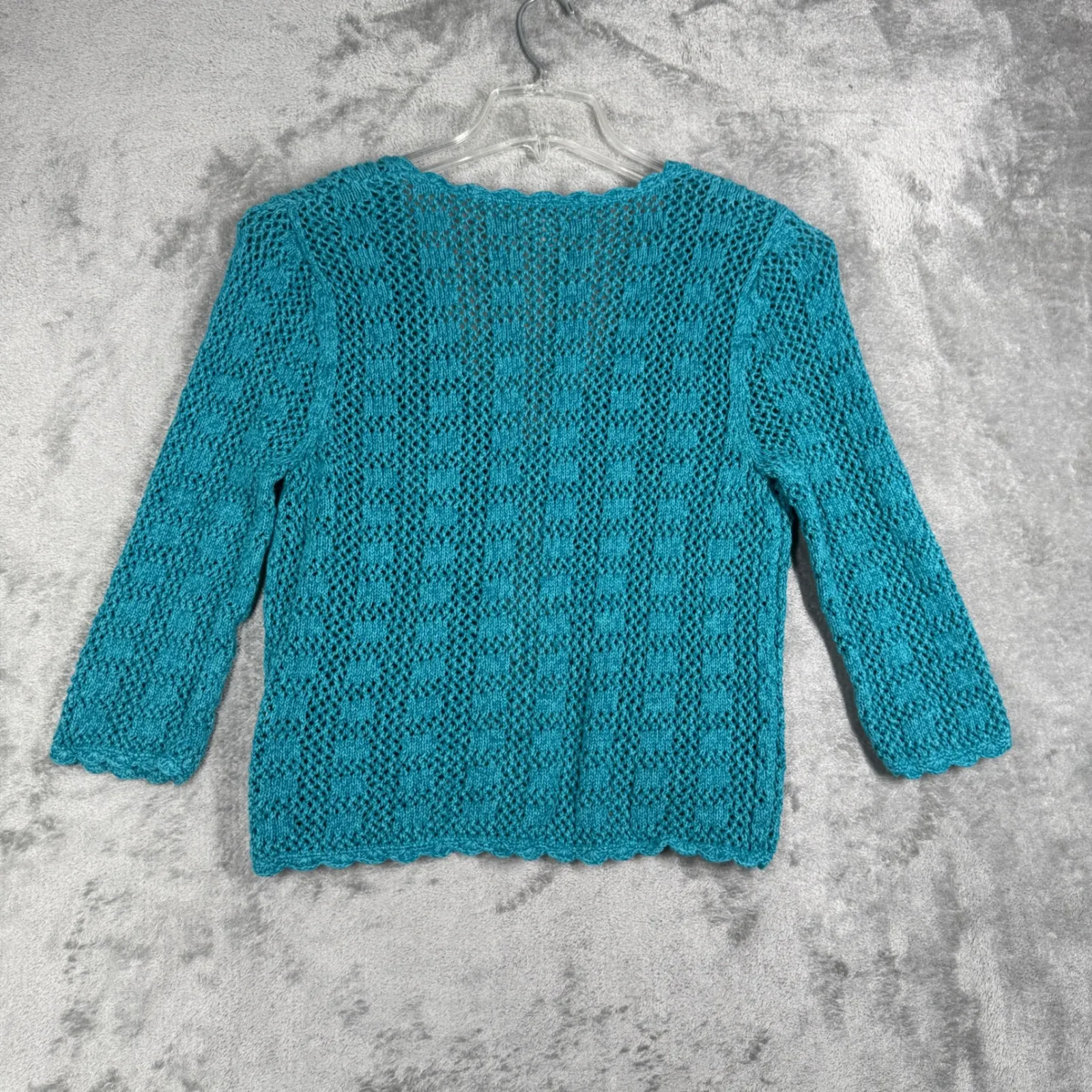 Christopher & Banks Cardigan Teal Crochet Open Front Button Ramie Cotton Women M - Image 3