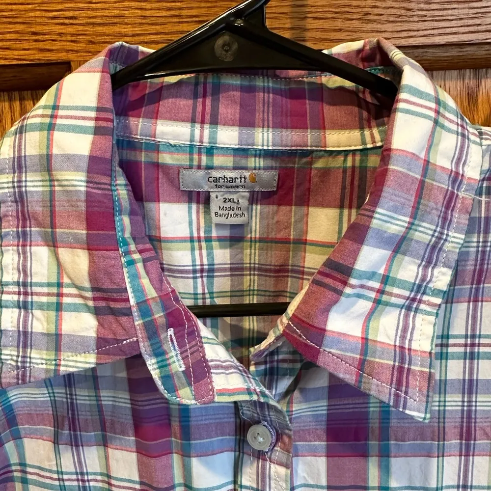 Women’s XXL Carhartt Purple White Plaid 3/4 roll up sleeve Button Up Shirt - Image 2
