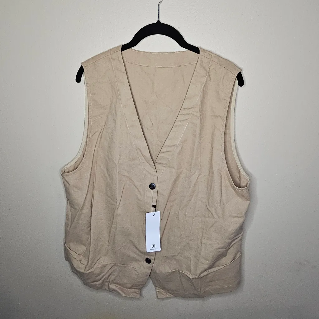 IDEALSANXUN Women's Cotton Linen Vest Casual Sleeveless Blazer Khaki XL Tan - Image 2