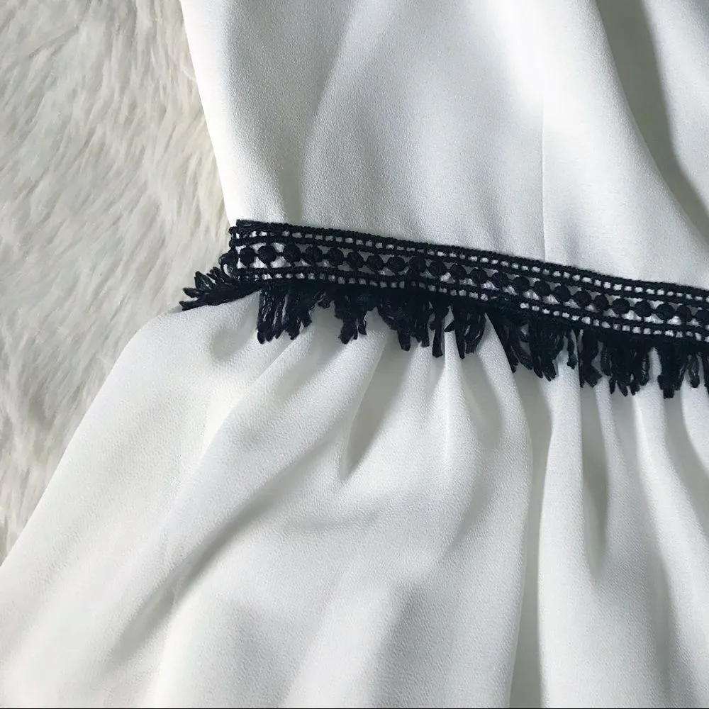 HALSTON White Black Sleeveless Fringe‎ Cocktail Dress Tiered Ruffle Size 6 New - Image 7