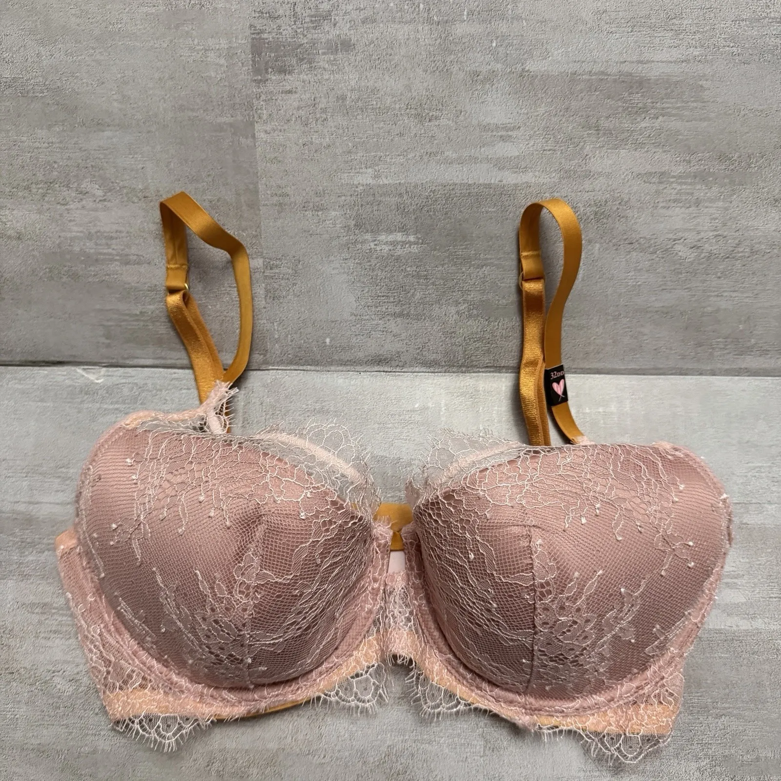 Victoria's Secret‎ Bra Size 32DD Lined Plunge Pink Lace Yellow Mustard Straps - Image 2