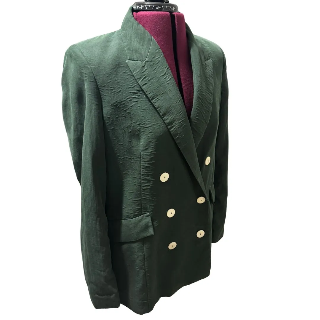 MANGO Suits Double Breasted Crinkle Blazer Dark Green Relaxed Fit EUC Small - Image 4