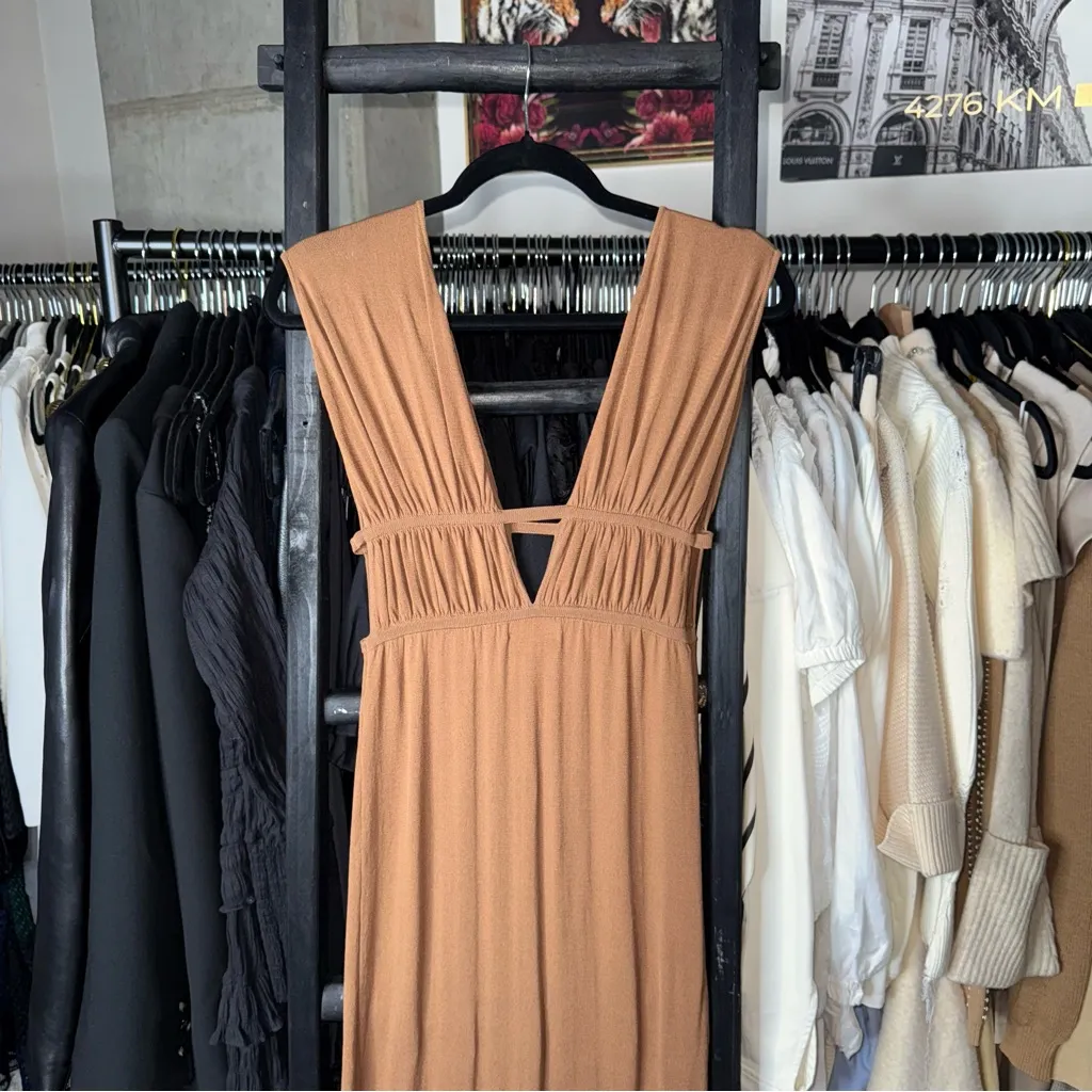 Ronny Kobo Charlie Dress Driftwood Brown Ruched Cutout Jersey Maxi - Image 10