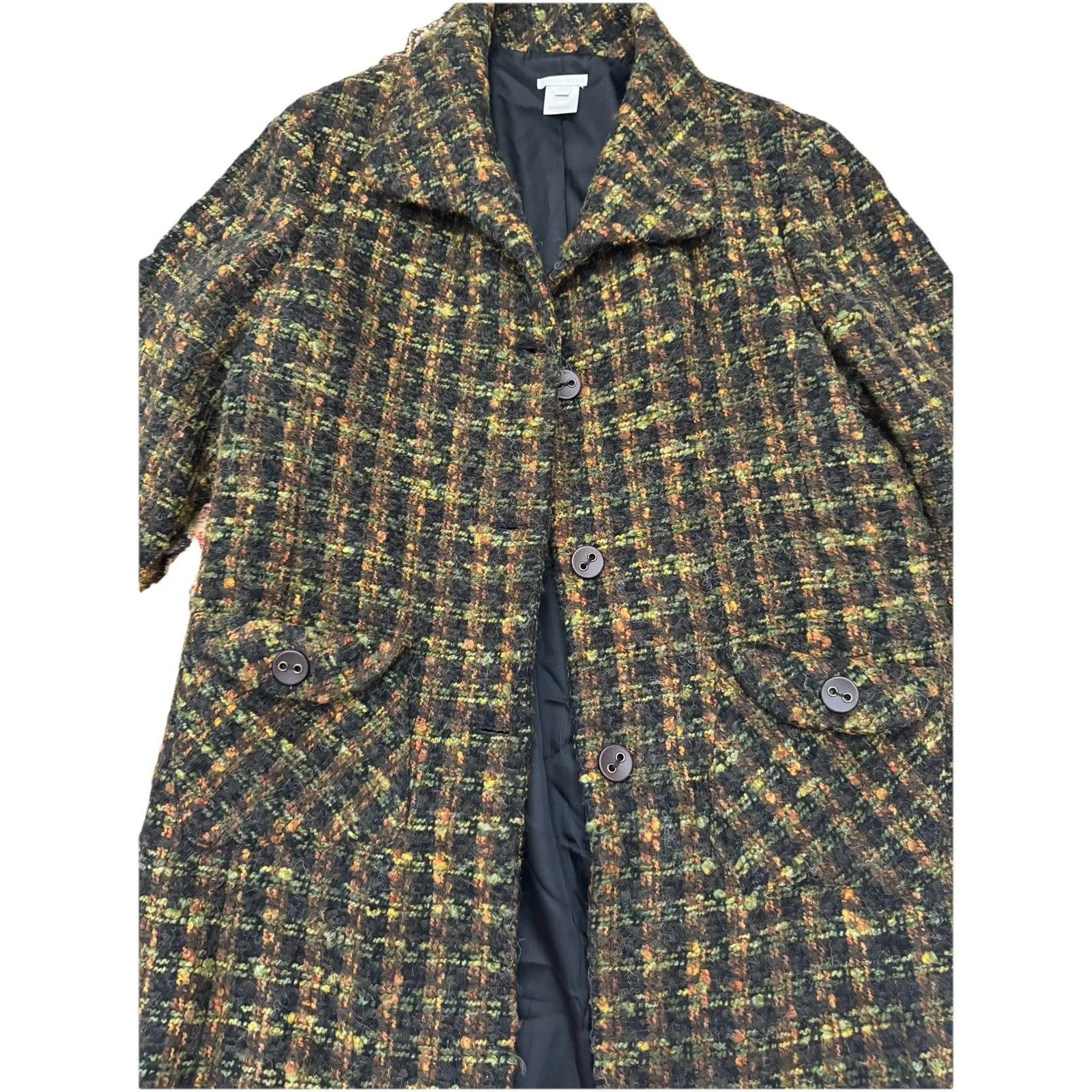 Vintage Austin Reed Women’s Plaid Wool Black Green Rust Trench Jacket Coat Sz 12 - Image 2