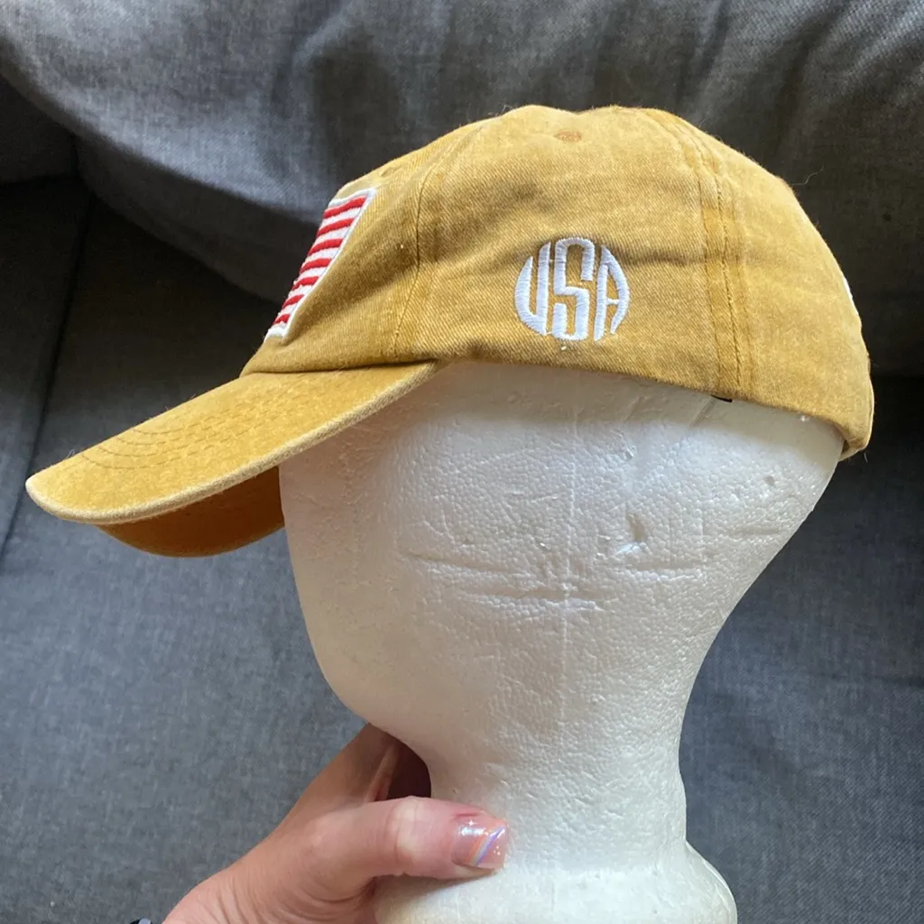 American Flag Baseball Hat Canvas Dad Hat USA Monogram Mustard Yellow Cotton Red - Image 2