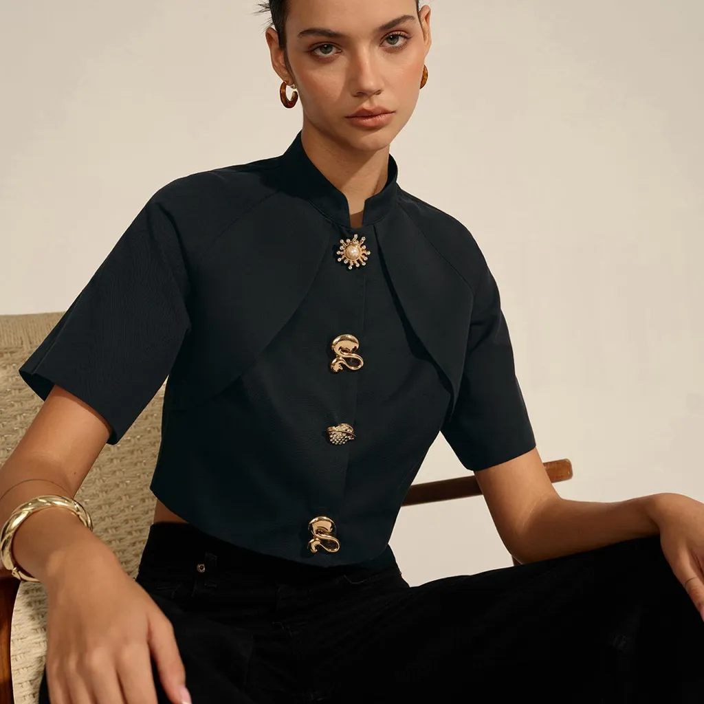 Commense Metal Decor Cropped top Blouse buttons metal down cape sun planet funky Gold Size L - Image 3