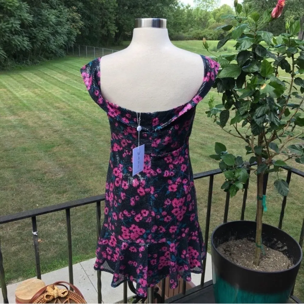 WAYF Pink & Black Janet Off Shoulder Floral Sequin Dress - Image 6