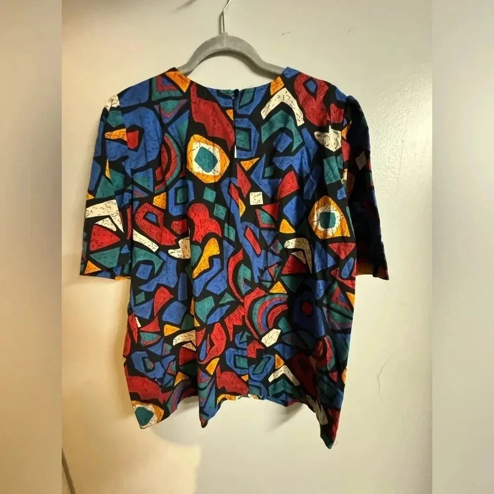 Essentials women’s shirt Vintage‎ 90s abstract blouse fits like XXL size 22W Blue - Image 2