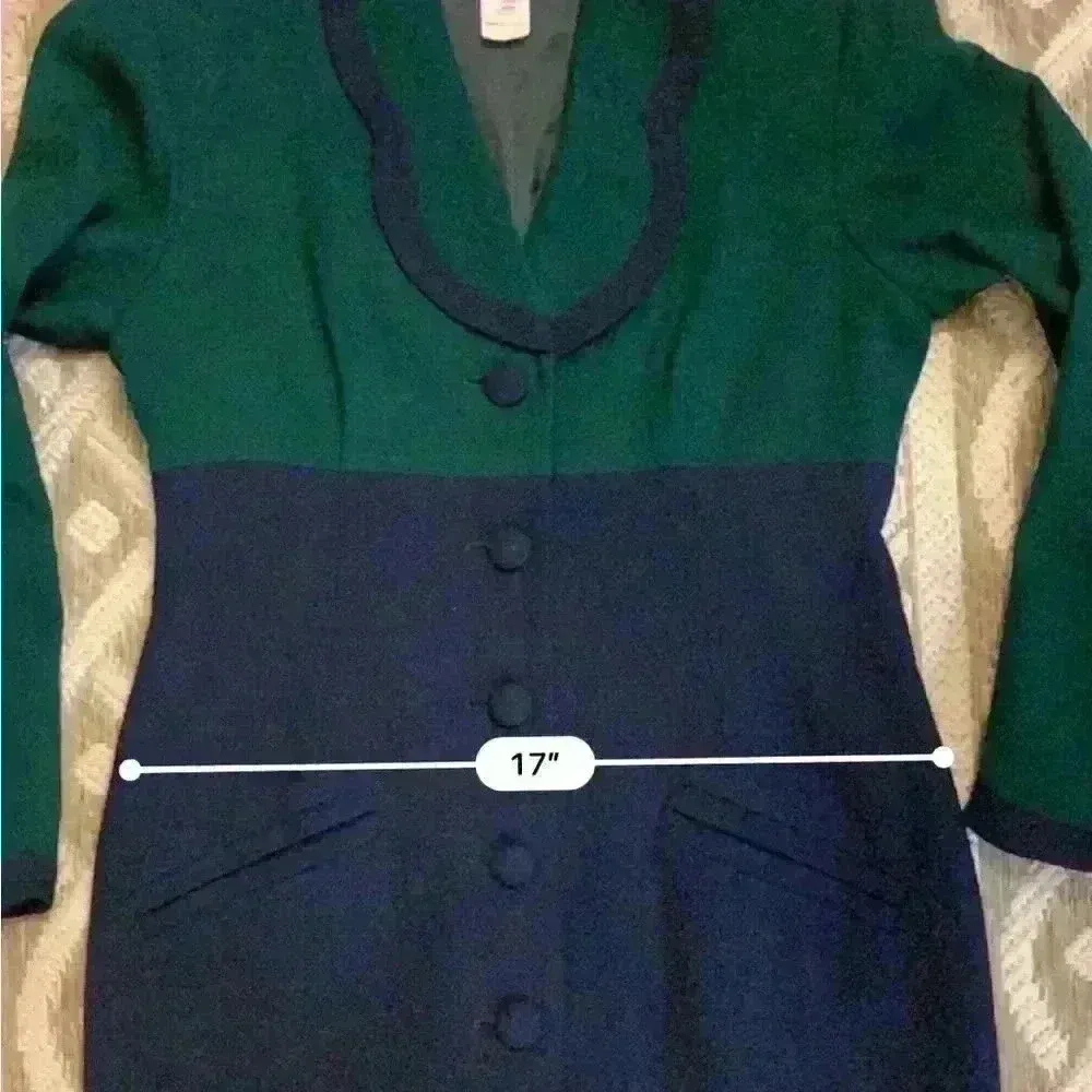 Vintage Gillian Petites Jacket Dress Wool Color Block Fully Lined Green Navy. Blue Size 8P - Image 11