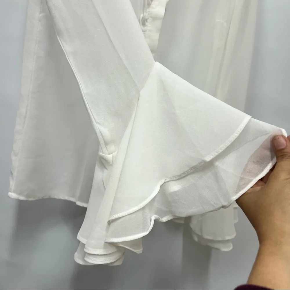 Victorian xs ruffled button down off white sheer ruffle blouse FLAWED - Image 3