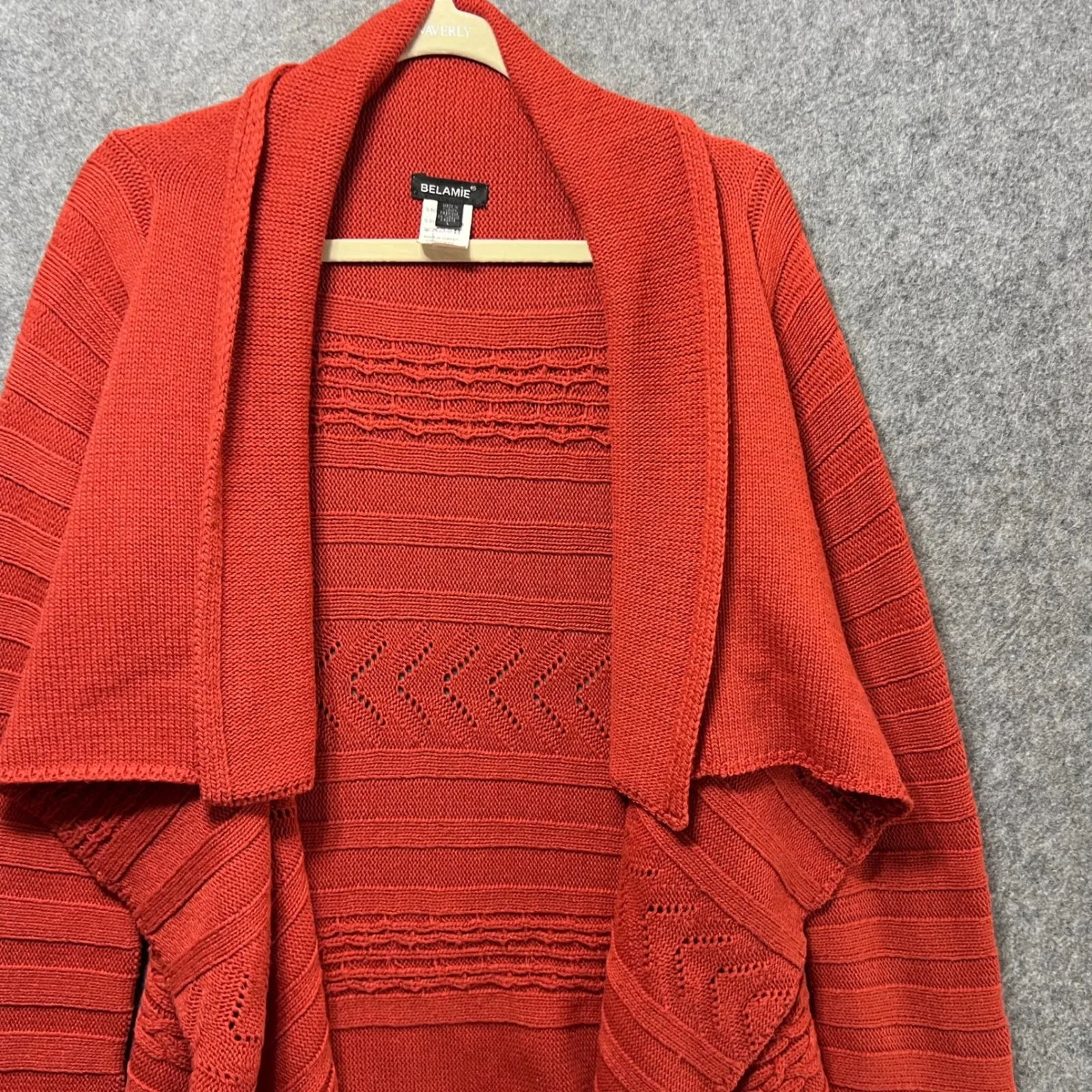 Rust Red Merino Wool Blend Open Front Knit Cardigan Sweater Waterfall Draped L Size L - Image 10