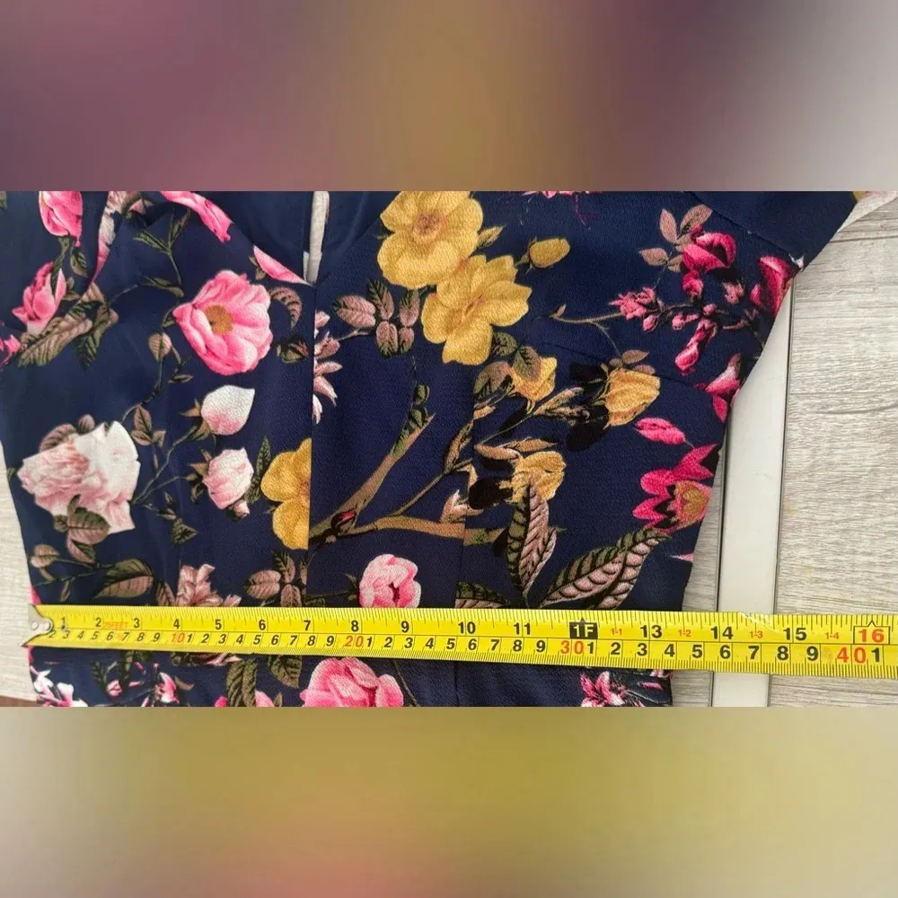 Eliza J Navy Floral Midi Dress 3/4 Ruched Sleeves V Neck Split Front Size 2 - Image 8