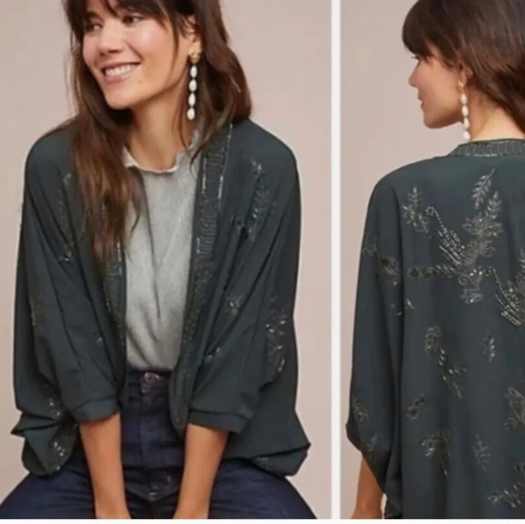 Akemi + Kin Ana Embroidered Cocoon Kimono Dark Green One Size - Image 7