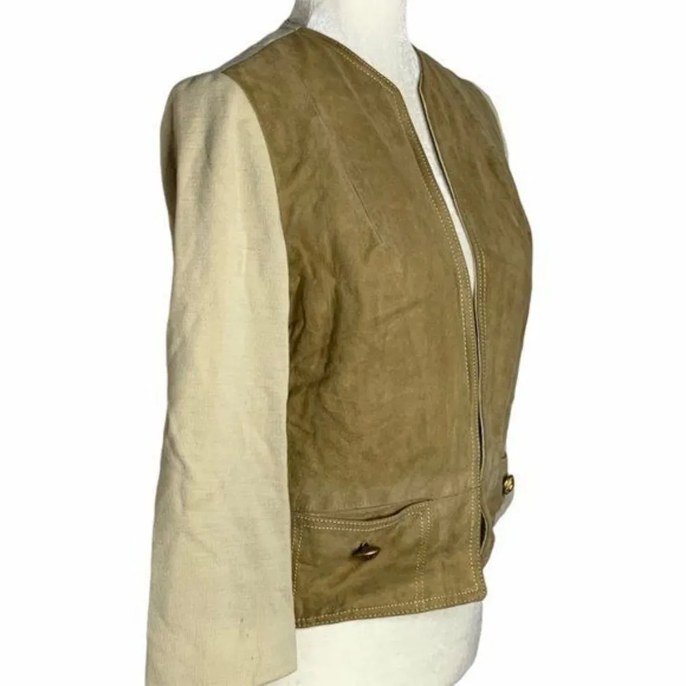 Buttons Vintage 60s Suede Wool Open Front Jacket S Brown Knit Pockets  Lined - Image 4