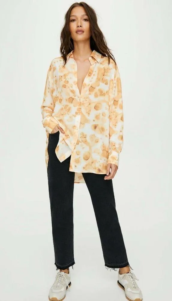 Aritzia Wilfred Free Abstract Patterned Brinley Button Shirt Oversized Medium Orange - Image 2