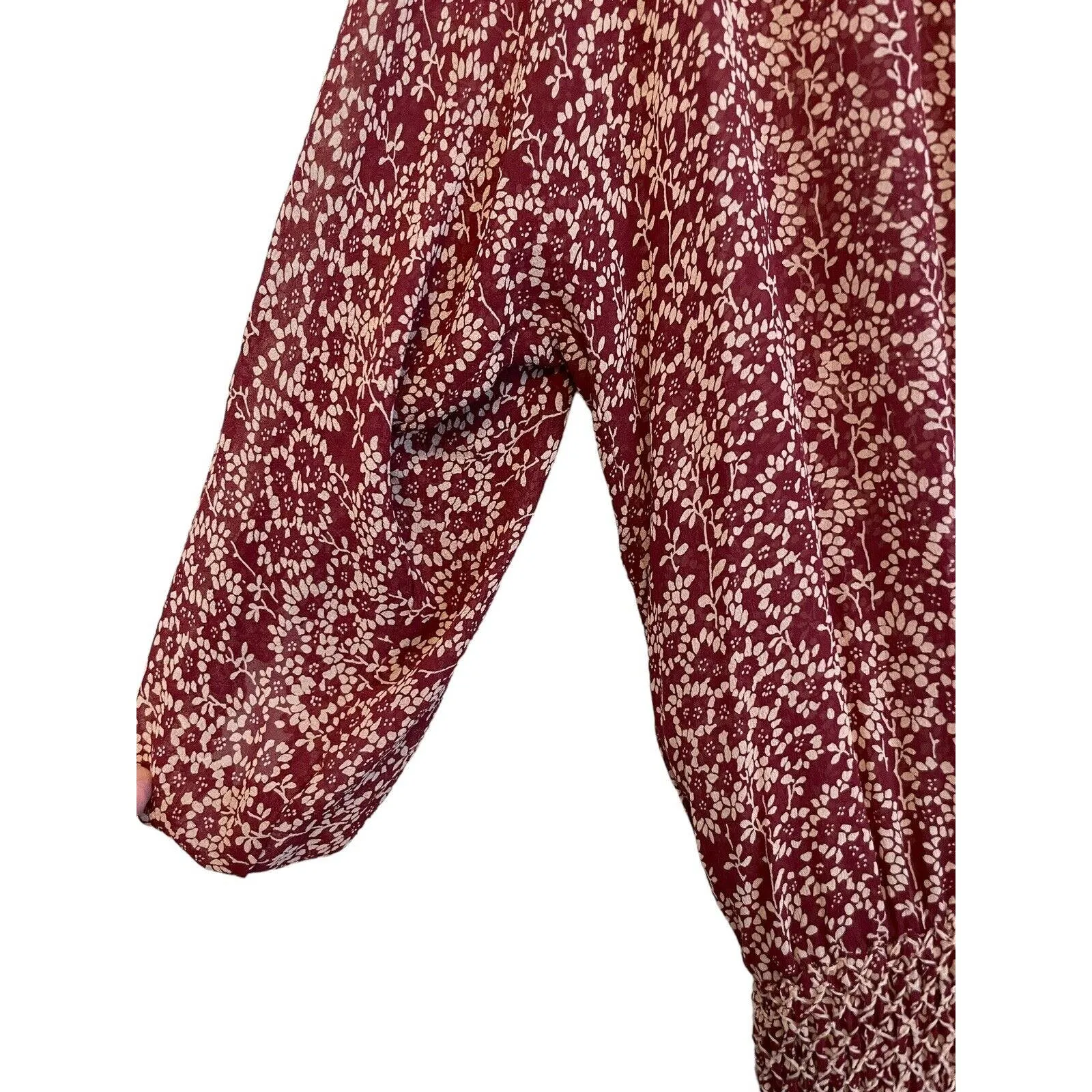 Ulla Johnson Samira‎ Drop Waist Size 2 Silk Bordeaux Red Floral Sheer Smocked - Image 6