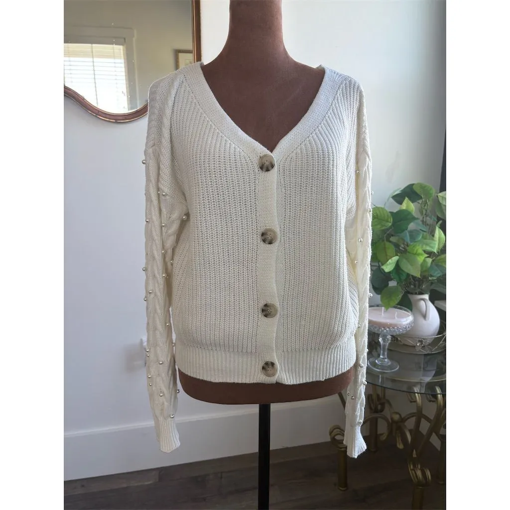 Jessica Simpson Women's XS‎ Ivory Cardigan Sweater Pearl Accents - Image 2