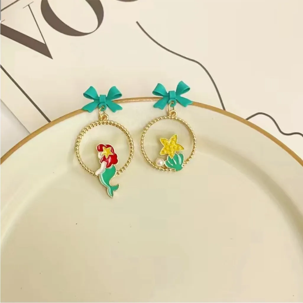 Mermaid Princess Girl‎ Gold Plated Bowknot Design Alloy Earrings Cute Cartoon St - Image 8