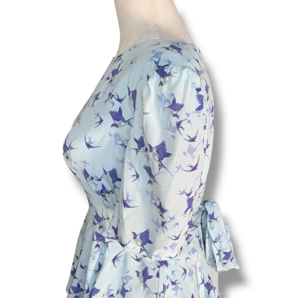 Project D London Silk Peplum Dress Blue Bird Print Retro 90s Tea Dress Bow Back Size M - Image 6