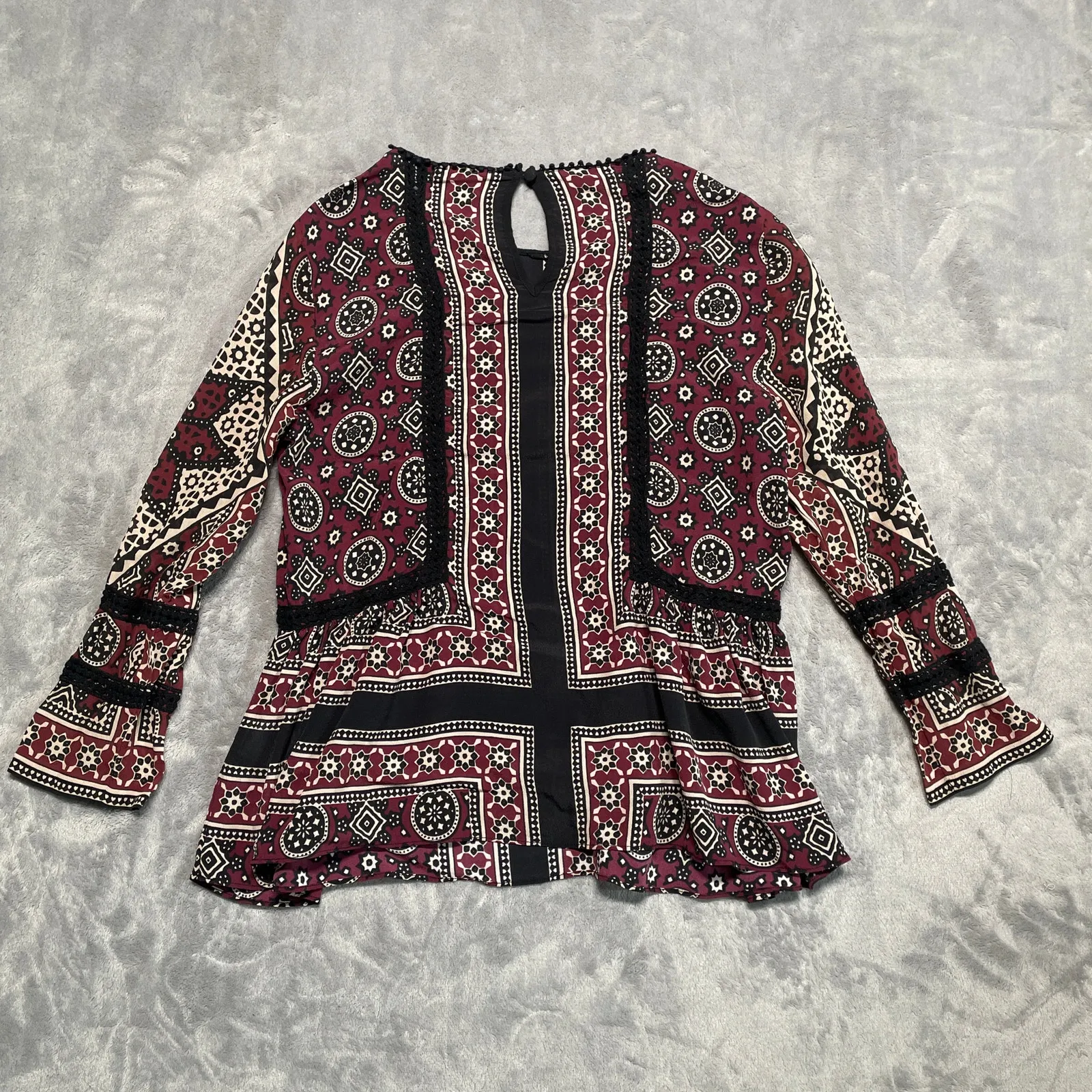 SEA New York Ezri Blouse Womens 4 Silk Blend Floral Boho Peplum Lattice Lace - Image 2