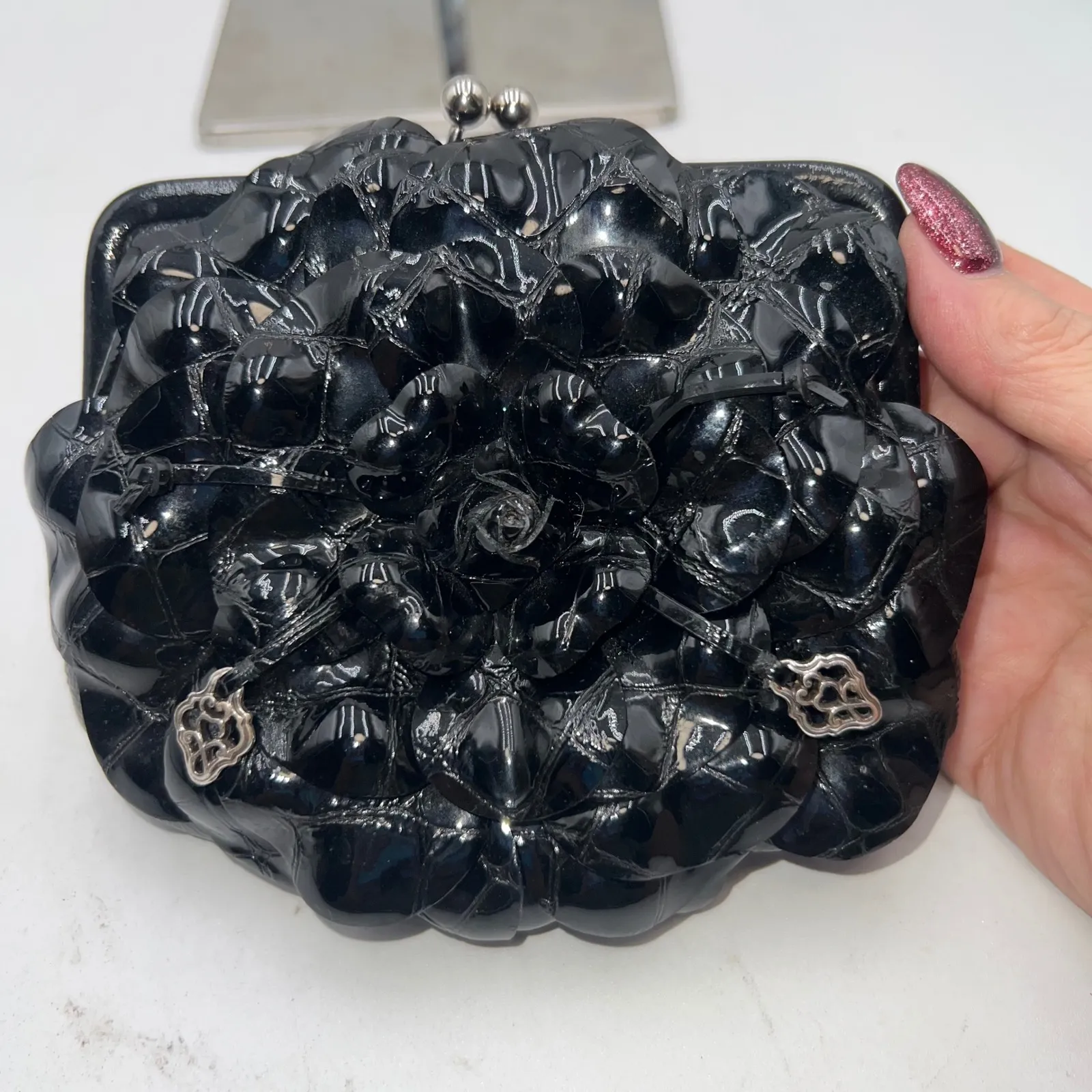 Brighton Kiss Lock Black Purse, Quilted Camellia Flower, Chain Shoulder Bag, - Image 9