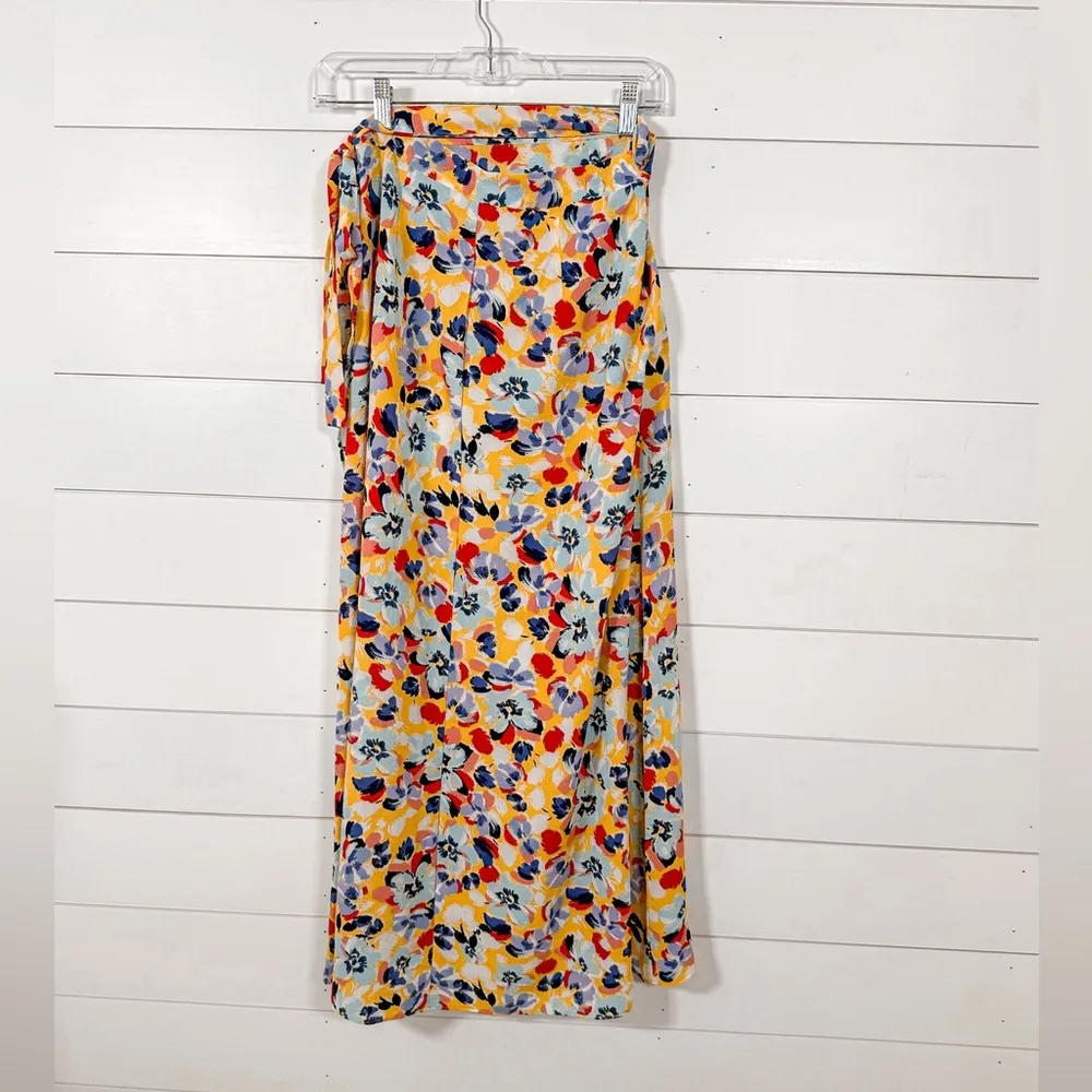 BCBGeneration Yellow Red Blue Floral Ruffle Sarong Wrap Midi Skirt, EUC, Size XS - Image 9