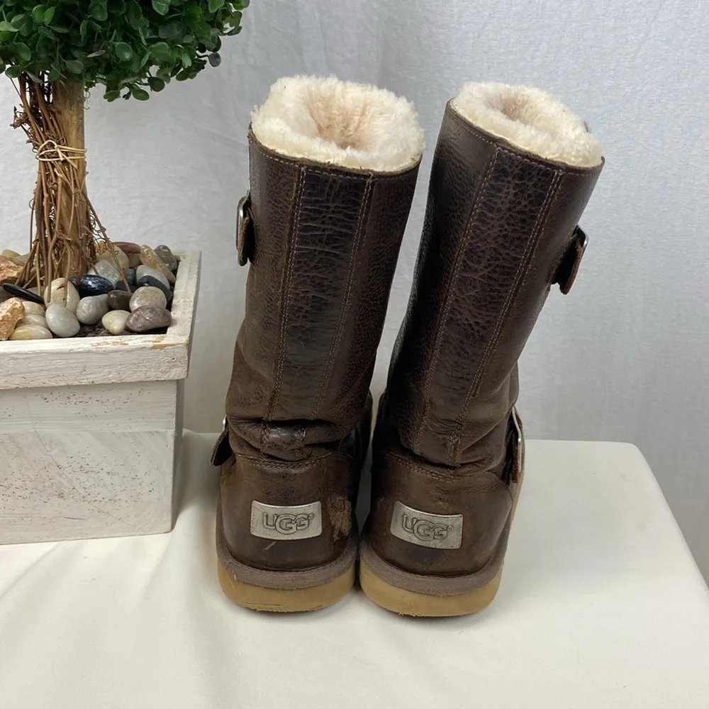Ugg Brown Leather 5678 Kensington Biker Moto Fleece Lined Calf Height Boots 7 - Image 3
