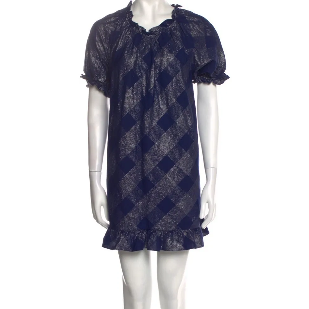 HILL HOUSE KATHERINE NAP CHECK BLUE SHORT SLEEVE METALLIC THREAD TUNIC DRESS - Image 2