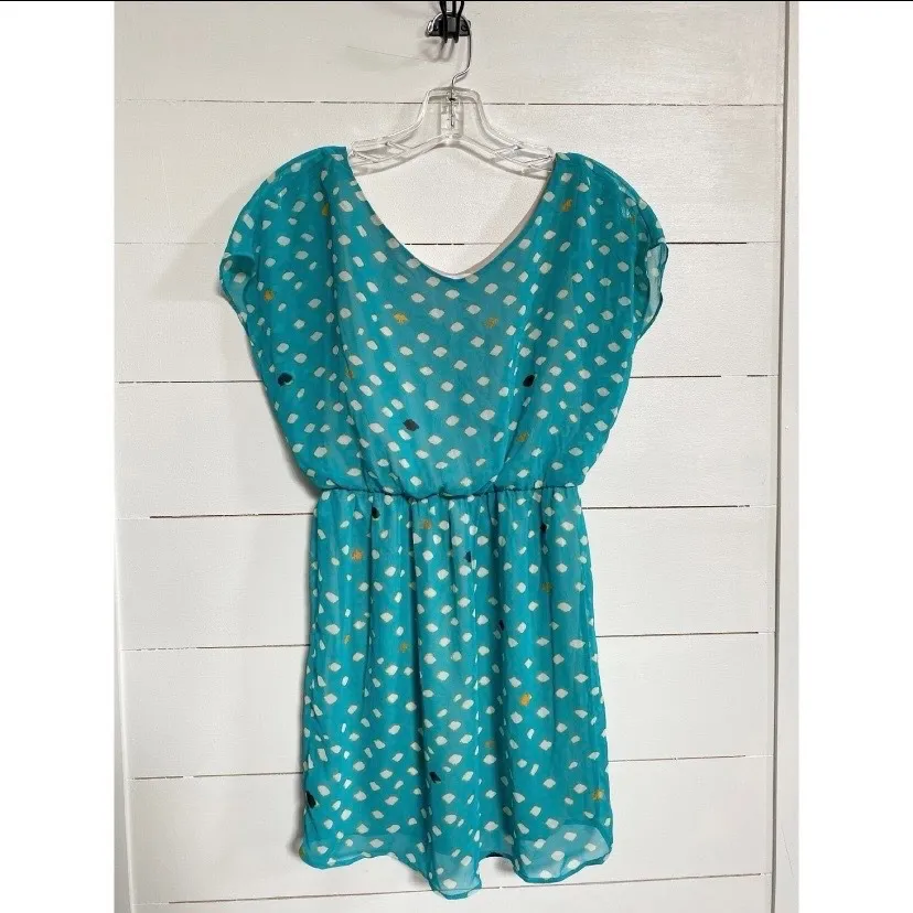 LUSH Teal Blouson Chiffon Geometric Teal Dress S - Image 5