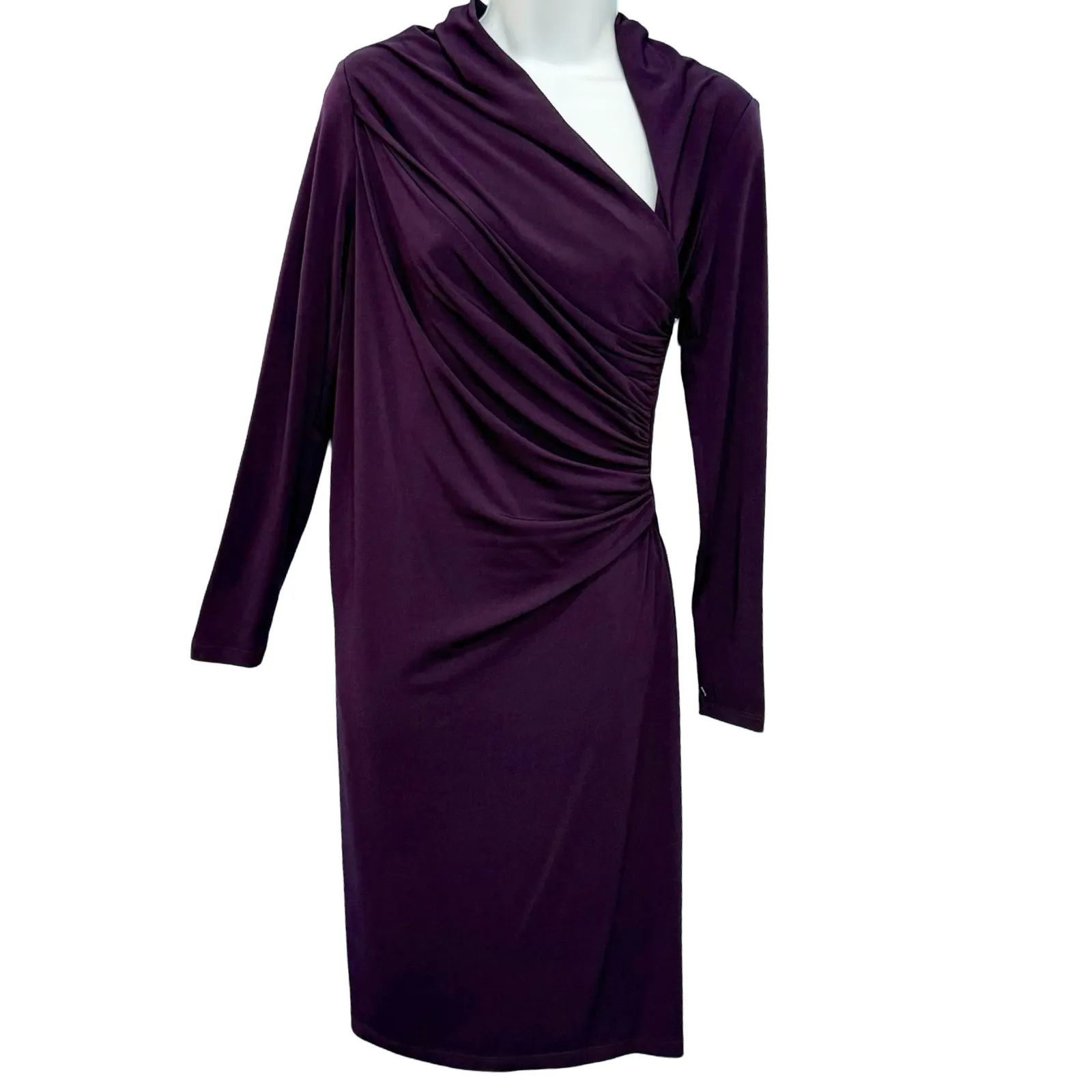 David Meister Ruched Asymmetrical Purple Faux Wrap Long Sleeve Sheath Dress sz 4 - Image 2