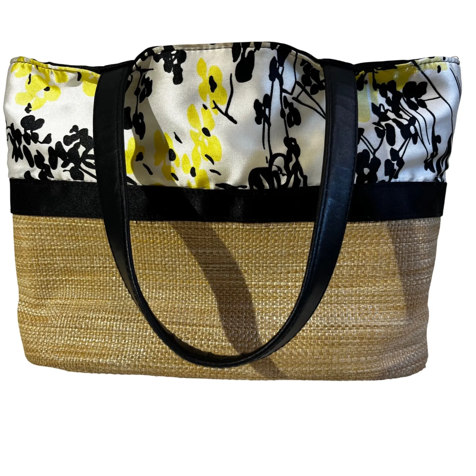 Floral Straw Tote Bag Yellow Black & White Purse Handbag Hobo Indie - Image 3