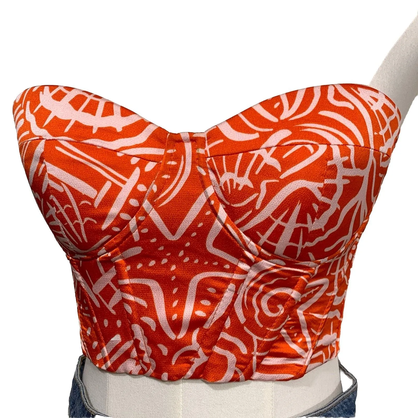 SHEIN Orange White Print Strapless Corset Lace-Up Back Top Size XS - Image 2
