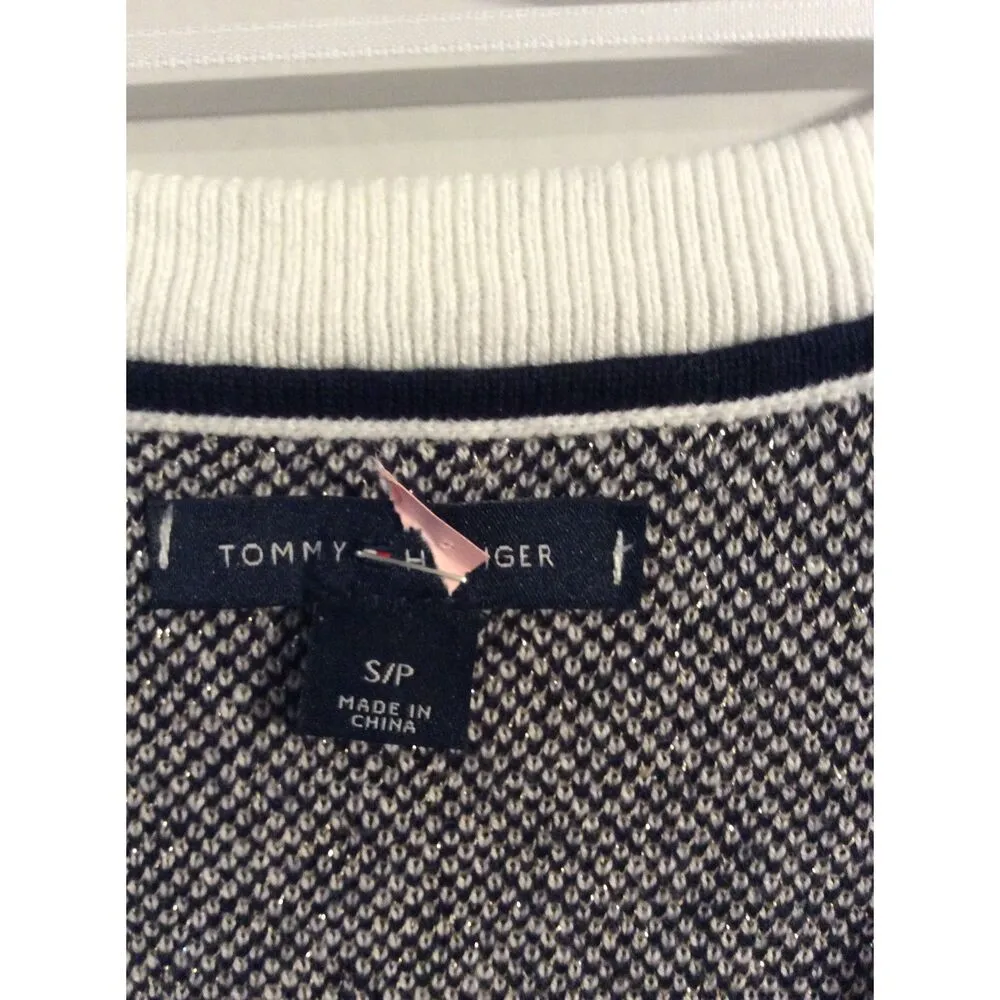 Tommy Hilfiger Black White Gold V Neck Sweater Womens S Bling - Image 3