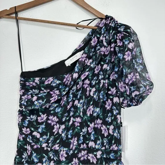 ASTR Small Black Floral Ruffle One Shoulder Tiered Romantic Wedding Guest Flowy - Image 3