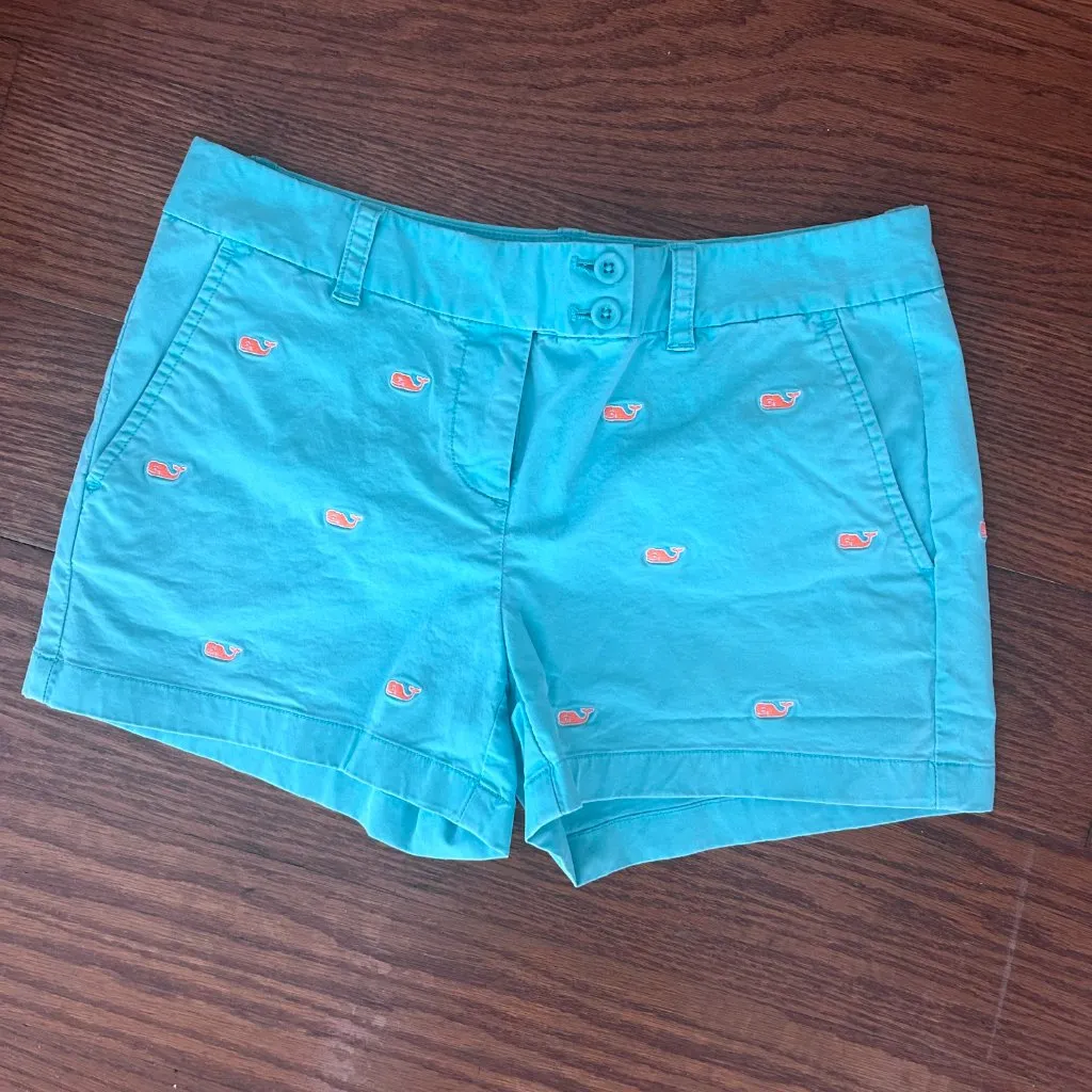 Vineyard Vines Women's Dayboat Shorts Aqua with Coral Embroidered Whales Size 4 - Image 3