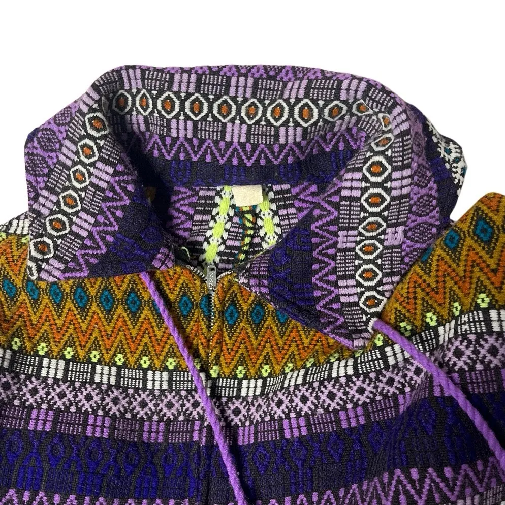 VINTAGE Poncho Full Zip Arm Holes Collar Purple Print Fringe Pom Poms One Size Size undefined - Image 9