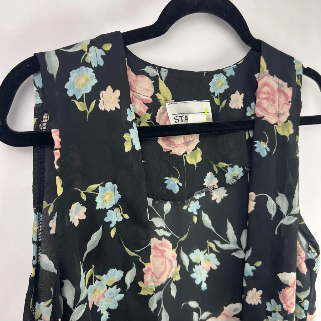 Stacey! Black Sheer Floral Open Front Vest Blouse, Vintage USA Made 8P, Romantic - Image 3