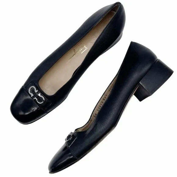 Salvatore Ferragamo Black Leather Double Gancini Heeled Loafer Size 7.5 AA - Image 1