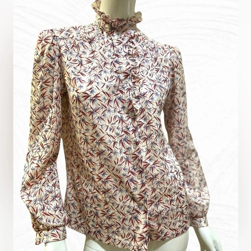 Vintage 70s Ruffle High Collar Floral Print Button Down Ivory Shirt Medium Red - Image 9