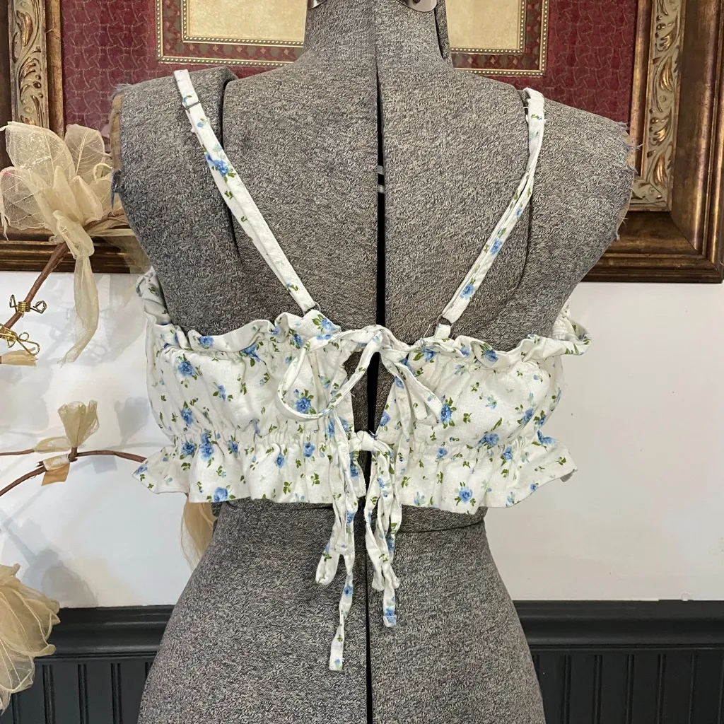 Ditsy Floral Linen Blend Tiny Tie Open Back Ruffle Tank Top - Sz XXL 💚🎀 - Image 9