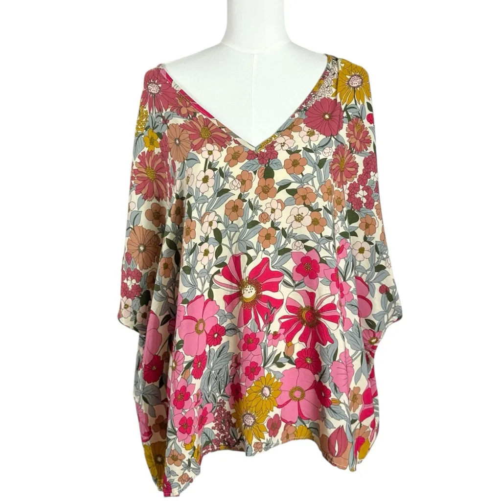 Natural Life Bohemian Hippie Easy V Neck Top in Pink Mustard Floral Size XL NWT - Image 4
