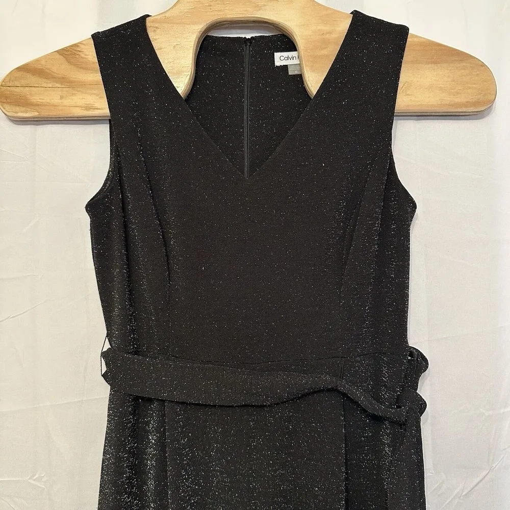 Calvin Klein Women's 10 Black‎ Belted Wide Leg Jumpsuit Glitter Metallic V Neck - Image 2