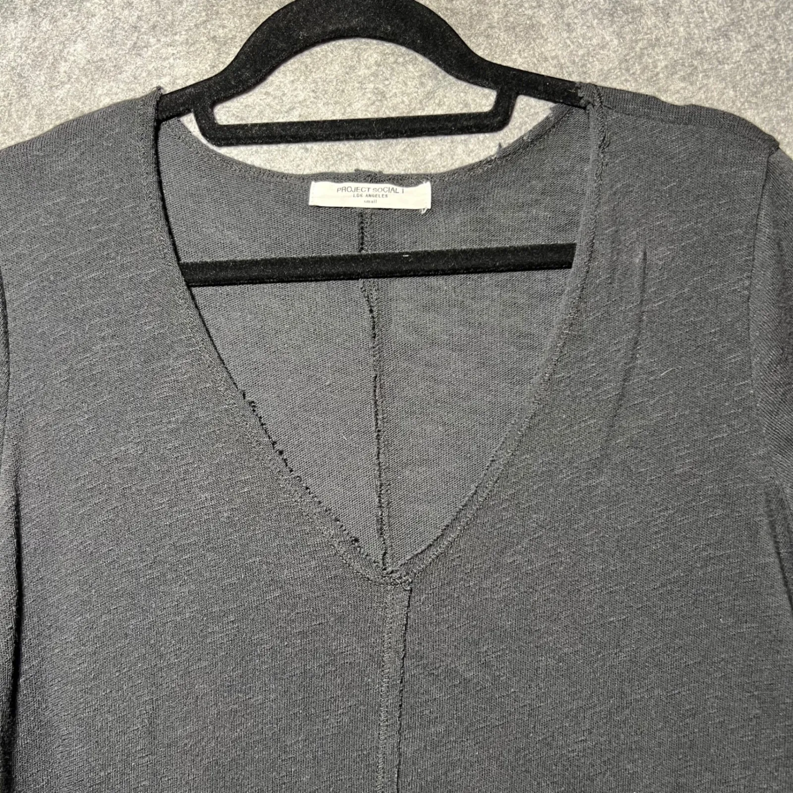 Project Social T Shirt Charcoal Grey V Neck Distressed Raw Hem Top Womens Small - Image 3