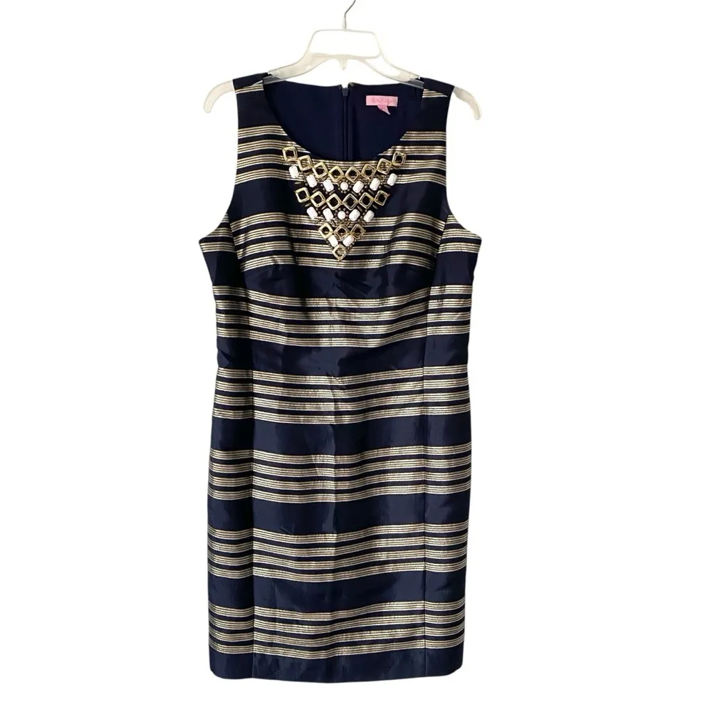 Lilly Pulitzer Navy Blue Metallic Virginia Dress Gold Size 12 - Image 4
