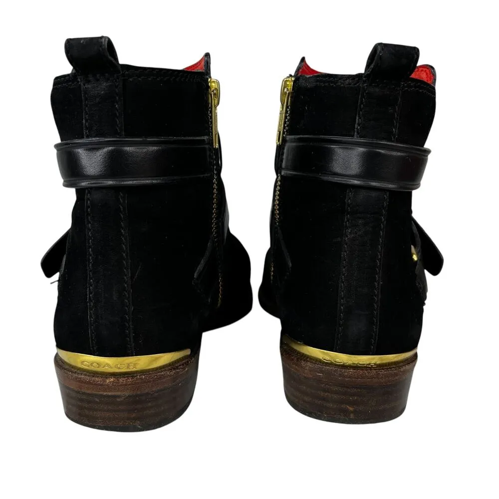Coach Leoda Ankle Boots Black 7.5 Nubuck Gold - Image 4