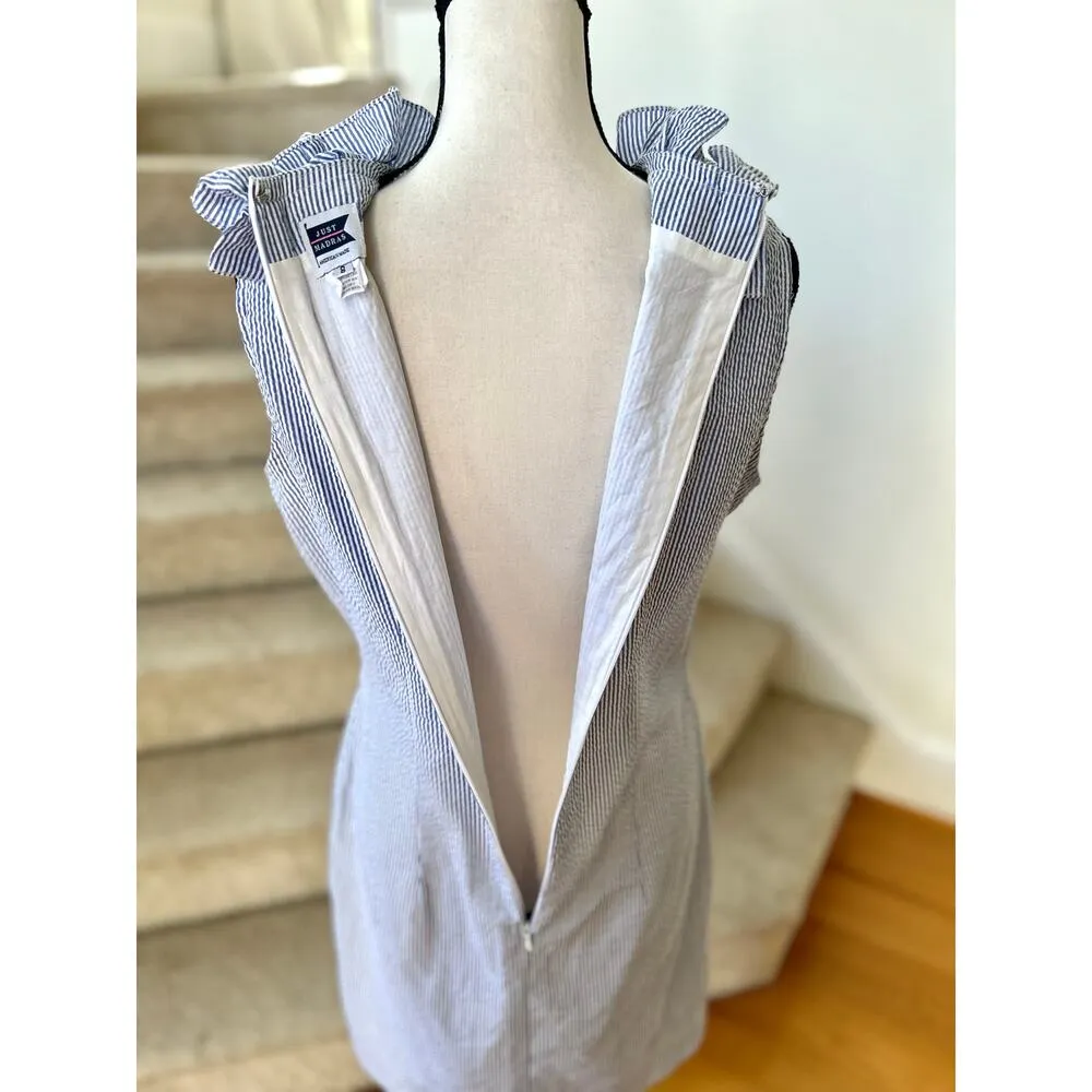 Just Madras Blue & White Seersucker Ruffle Collar Sheath Dress Size 8 - Image 4
