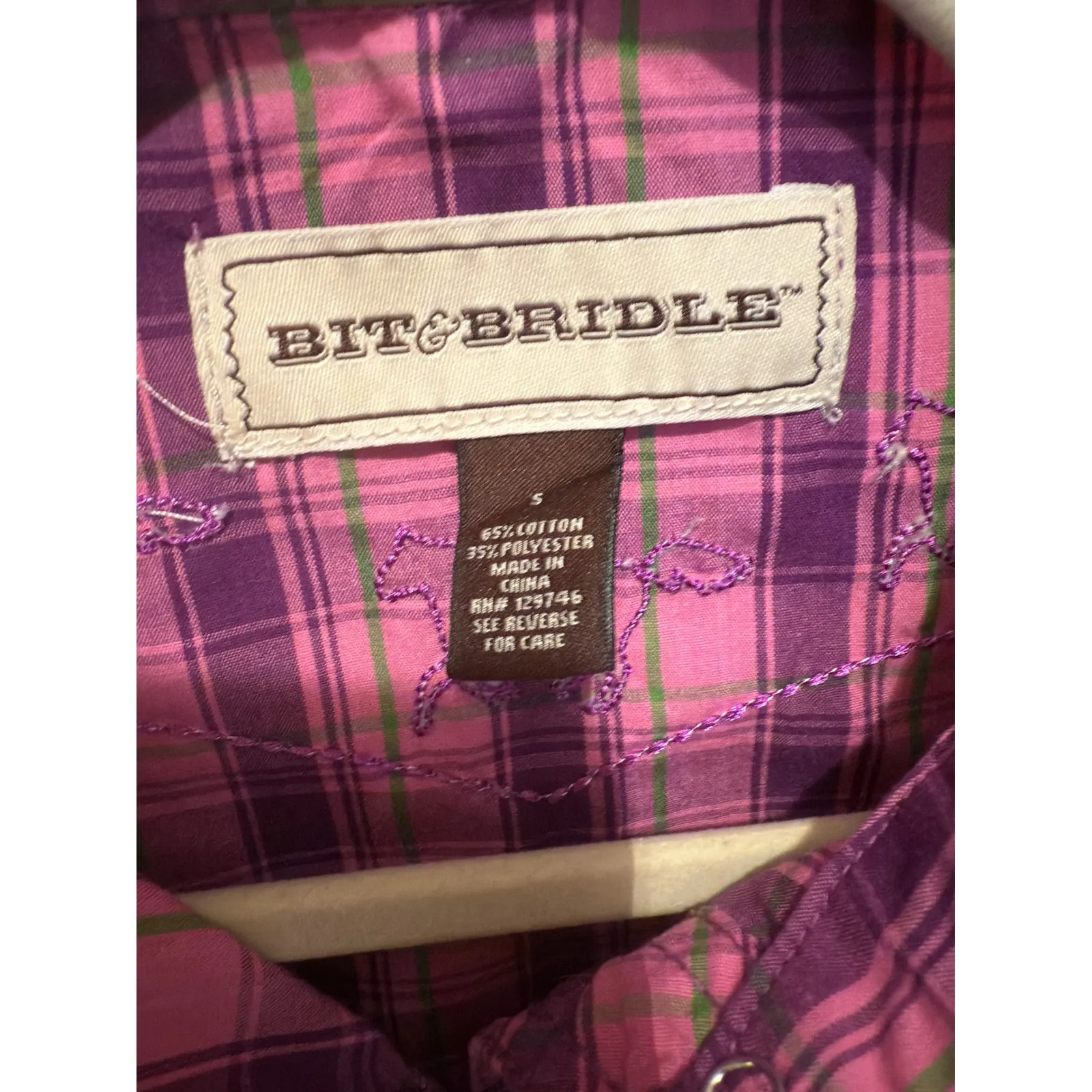 Bit & Bridle Plaid Embroidered Western Shirt Womens Pink Purple Small - Image 3