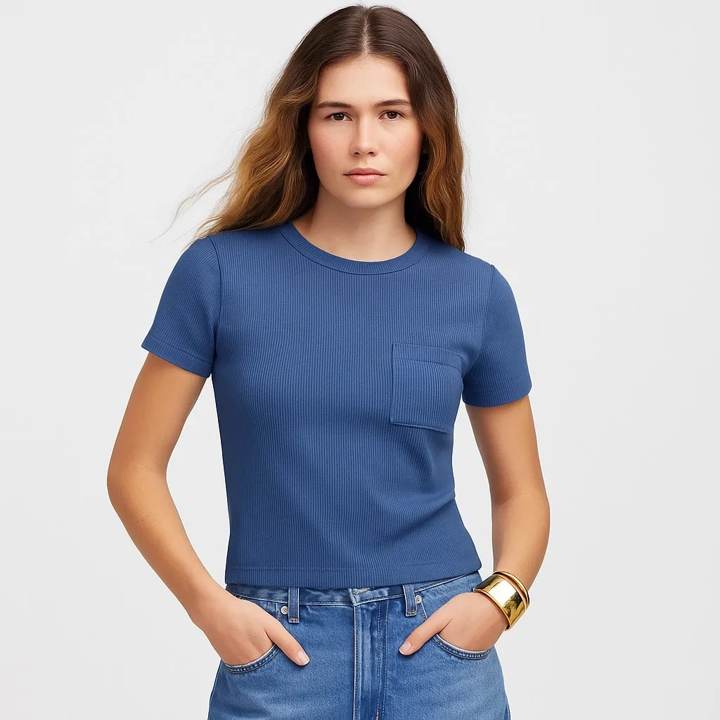 NEW Madewell Garment-Dyed Ribbed Crewneck Pocket Tee Women S Blue Casual Basic - Image 2