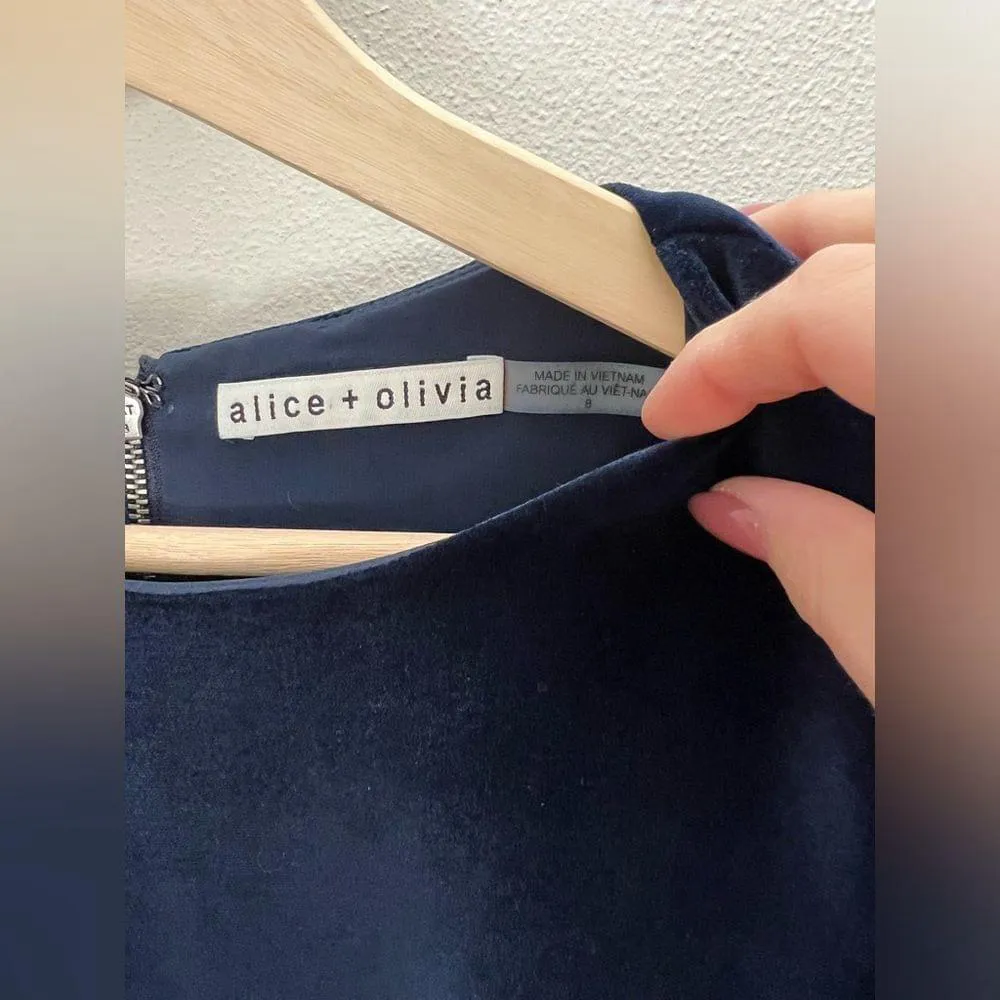 EUC Alice + Olivia Enid Ruffled Velvet Trimmed Dress Hem Navy Blue Size 8 - Image 4