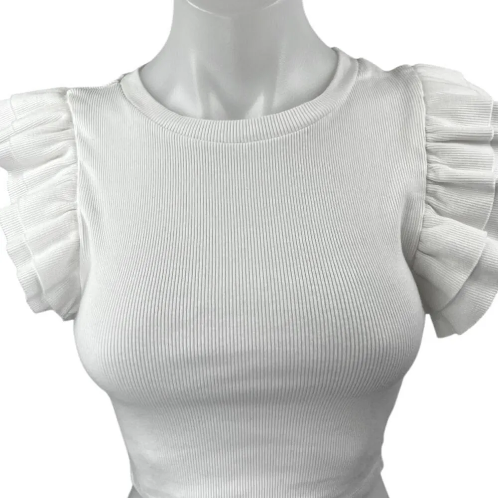 Zara White Ribbed Knit Ruffle Tiered Short Sleeve Cropped Sweater Top Size S - Image 3